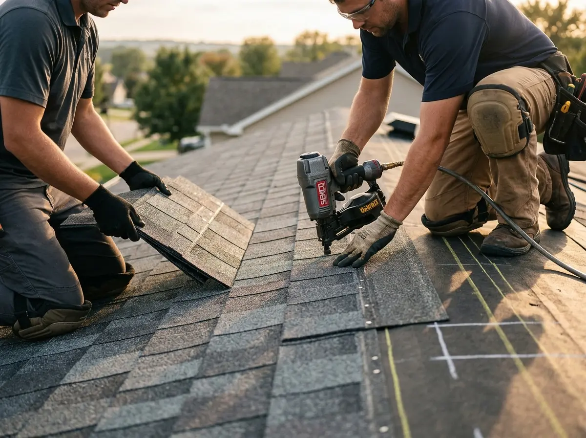 Professional roofer working on a residential roof in Valley City